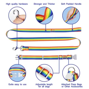 Detalles en primer plano de la correa arcoiris para perros, asa acolchada y hebilla.