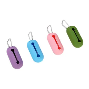Silicone dog waste bag dispenser with metal hook and holder set in four vibrant colors.