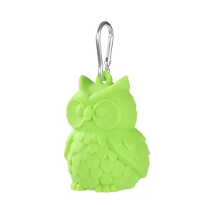 Silicone dog poop bag holder with metal hook, cute green owl shape pet waste bag dispenser.