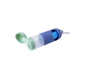 Portable pet poop bag dispenser and holder detail view, compact outdoor dog waste bag setup.