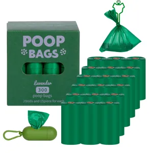 Eco-friendly dog poop bags with dispenser and 300 lavender scented waste bag rolls.