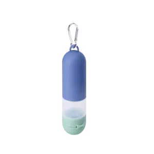 Portable capsule design dog poop bag dispenser with metal carabiner for outdoor walking pets.