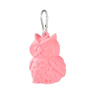 Pink owl silicone pet waste bag dispenser with metal hook for dog poop bag storage holder.
