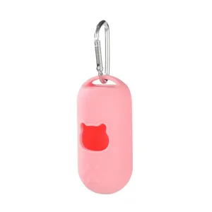 Silicone pet waste bag dispenser with metal hook, portable pink poop bag holder pouch.