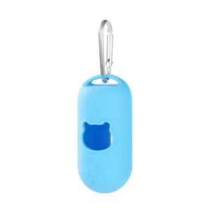 Portable silicone dog poop bag dispenser holder with metal carabiner and cute paw print design.