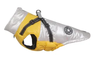 Detailed view of winter reflective dog jacket with integrated harness and warm padding.