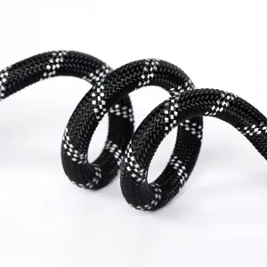 Nahaufnahme des schwarzen geflochtenen Nylon-Hundeleinenseils mit reflektierendem Muster.