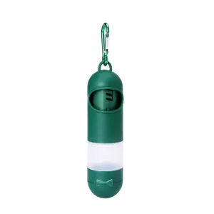 Portable pet waste bag dispenser with carabiner, convenient dog poop bag holder for outdoor walking.