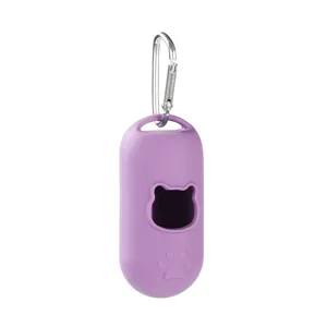 Silicone pet waste bag dispenser with metal hook, portable poop bag holder pouch in purple.