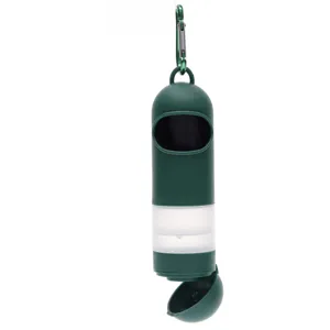 Portable dog waste bag dispenser with water bottle and carabiner for pet walking outdoor.