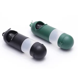 Portable dog poop bag dispenser set with waste bags for pet waste cleanup walks outdoors.