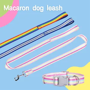 Set de Correa y Collar de Perro Ajustable de Nylon Reflectante Colorido Arco Iris Plomo de Mascota Perros Pequeños Medianos Suministros para Pasear