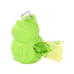 Silicone owl dog poop bag dispenser with metal hook, cute portable waste bag holder.