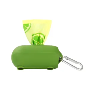Silicone dog waste bag dispenser detail, portable pet poop bag holder with metal hook.