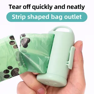 Detail of portable dog waste bag dispenser and tear-off trash bags in close-up view