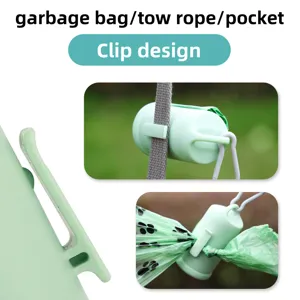 Green pet waste bag dispenser with clip and hook, portable dog poop bag holder for leash.