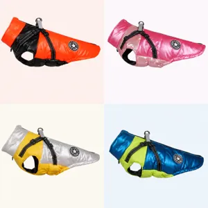 Warm winter dog jacket with harness, thick waterproof pet coat for large dogs in four colors.