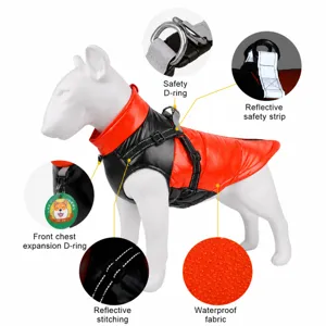Warm dog winter jacket with reflective strips and traction ring for large dogs, waterproof.
