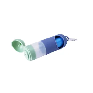 Portable pet waste bag dispenser with garbage bag and hook for convenient outdoor dog walking.