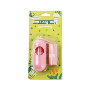 Portable pink dog waste bag dispenser and refill rolls 30 bags set detail view