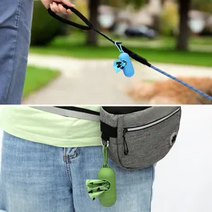 Portable dog waste bag dispenser pill shaped poop bag holder for outdoor walking pets use.