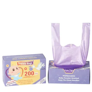 Disposable baby diaper trash bags with handles, 200 counts per box, baby powder scented design.