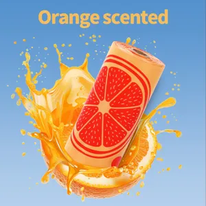 Vista detallada de rollo de bolsas para excrementos de perro con diseño de naranja y salpicadura.