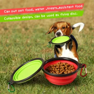 Portable collapsible silicone pet bowl with carabiner, perfect for outdoor travel and feeding.