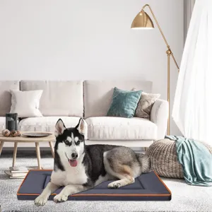 Comfortable square pet bed with durable grey fabric and orange trim for dogs and cats.