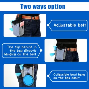 Detailed view of portable dog training waist bag showing adjustable belt and hanging clips.