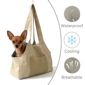 Detail view of the breathable and waterproof beige canvas pet carrier bag with cooling features.