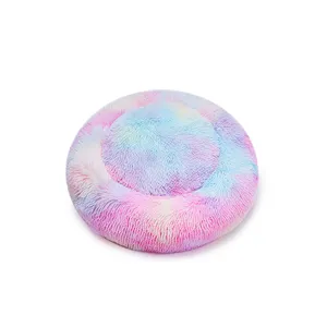 Pet Bed Round Warm Cat Nest Soft Long Plush Winter Dog Bed Fluffy Sleeping Mat Rainbow Blue Small Medium Pets Cushion