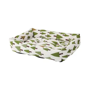 Detailed view of square pet dog cat bed with green pine tree pattern print fabric interior.