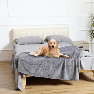 Grey thick flannel pet blanket detail, cozy dog blanket on bed, warm winter pet mat scene display