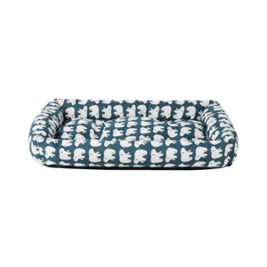 Close-up detail of the durable blue and white patterned pet bed, featuring comfortable raised edges.