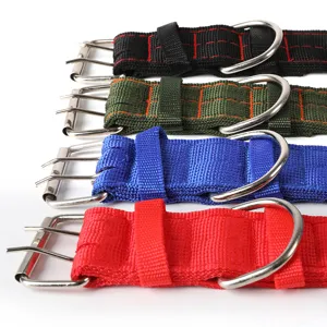 Thickened nylon tactical dog collar for medium and large pets with metal D-ring and adjustable size.