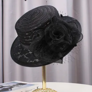 Women vintage black lace flat top hat elegant floral mesh fascinator sun protection church hat