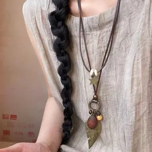 Bohemian Retro Leather Pendant Necklace Multi-Layer Copper Chain Leaf Star Beaded Statement Jewelry For Women