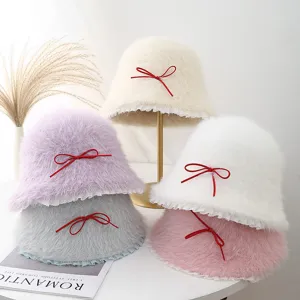 Damen Winter Warm Lammfleece Fischerhut Süße Schleife Spitzenbesatz Einfarbig Casual Mode Outdoor Basin Hut