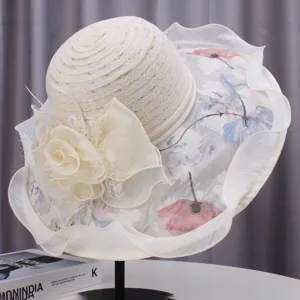 Elegant Lace Organza Sun Hat For Women Wide Brim Flower Design Beach Hat Packable Summer Sunshade Bucket Hat Accessories