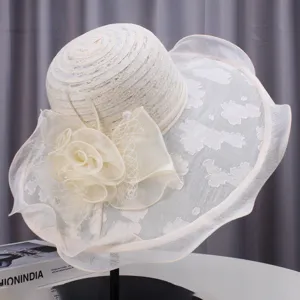 Elegant women wide brim sun hat summer beach lace floral sun protection fisherman hat