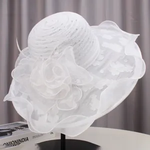 Women wide brim sun hat lace floral foldable beach summer elegant sun hat detail display