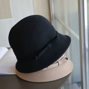 Elegant wool bucket hat with bow detail, vintage fedora cap for autumn and winter daily wear.