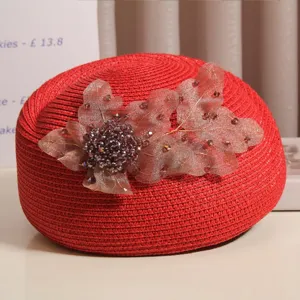 Damen Stroh Baret Hat Sommer Sonnenschutz Vintage Floral Strass Maler Hat Elegant Casual Strand Cap