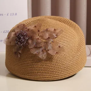 Sommer Damen Strohhut schick perlenbesetzt spitze blume barett vintage elegante sonnenschutz hut