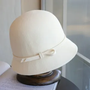 Vintage Hepburn Style Wool Felt Cloche Hat For Women Elegant French Bowknot Winter Warm Bucket Hat Autumn Basin Hat