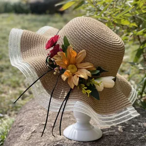 Damen Breite Krempe Strohhut Sommer Strand Sonnenhut Blumen Schleife Sonnenschutz Kappe Urlaub Reise Strohgewebe Hut