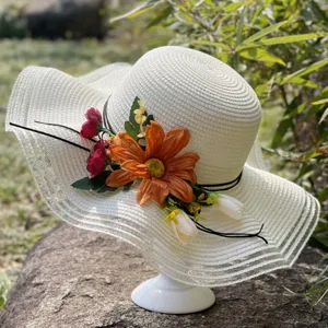 Damen große Krempe Blumen Strohhut Sommer Strand Sonnenschutz Hut Outdoor Urlaub Kappe