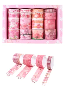 Vista detallada del set de cinta Washi rosa, rollos decorativos de flor de cerezo DIY.