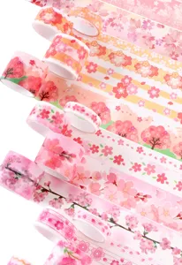 Vista de cerca detallada que muestra exquisitos patrones de cerezo y cinta washi rosa.